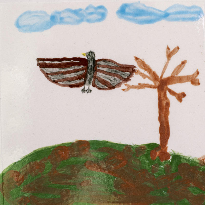Painting of a brown and black bird in the air with its wings spread open. it is flying in front of a barren tree with a white sky.