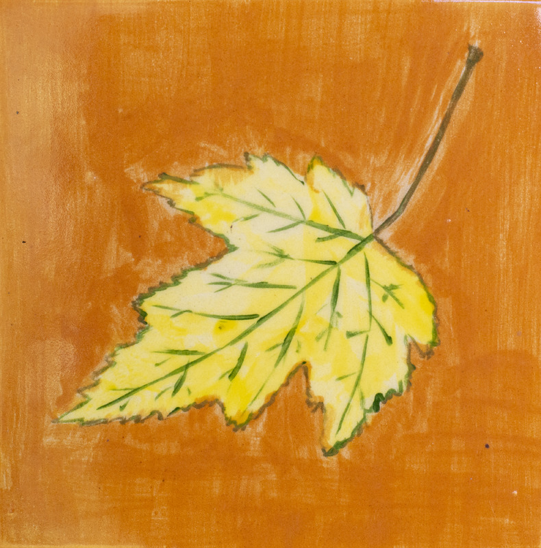 Painting of a yellow maple tree leaf upside down in front of an orange background.