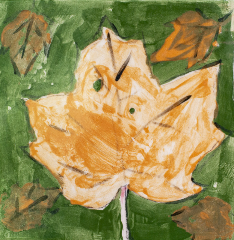 Painting of five orange maple leaves in front of a green background.