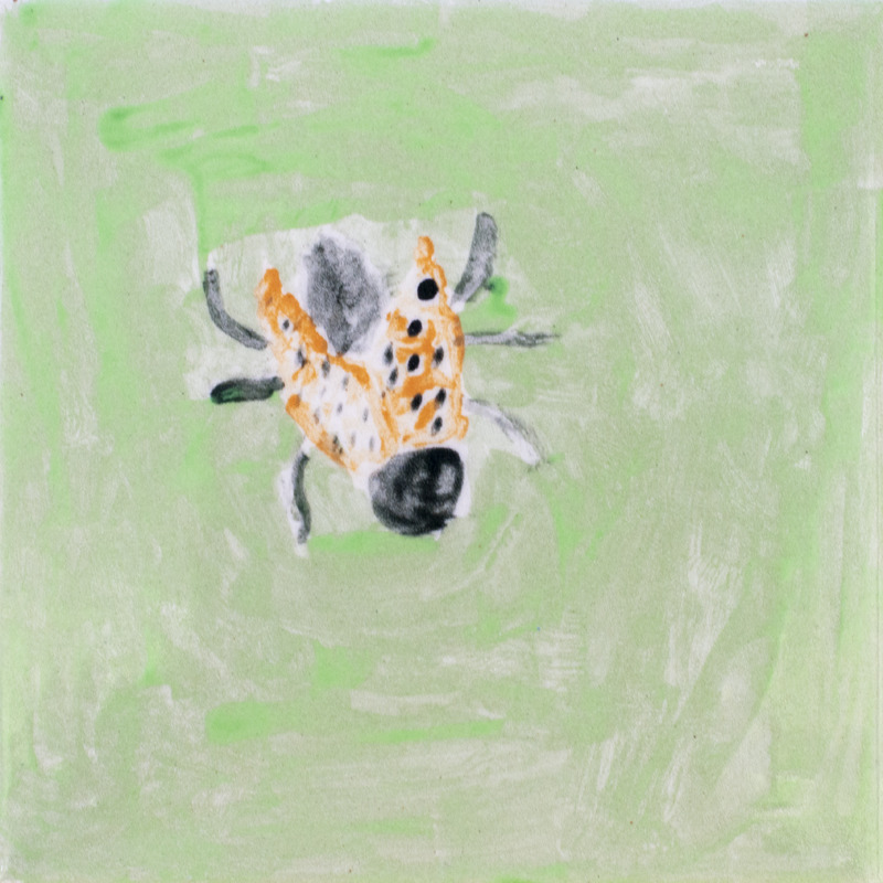 Painting of fly with orange wings dotted black against green background.