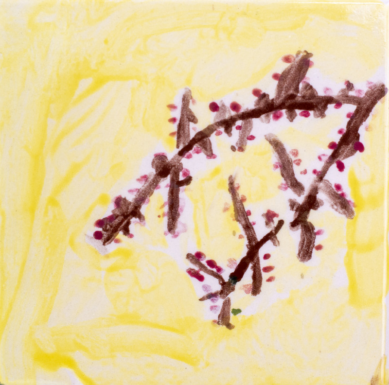 Painting of highbush cranberry with a yellow background.