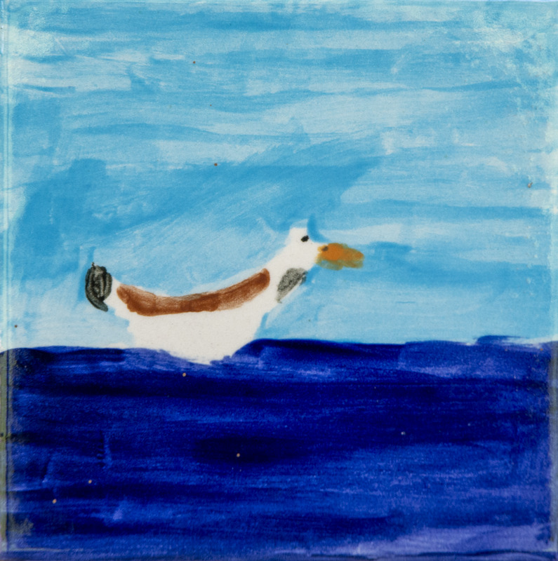 Painting of a white duck with a yellow beak floating on dark blue water under a light blue sky.
