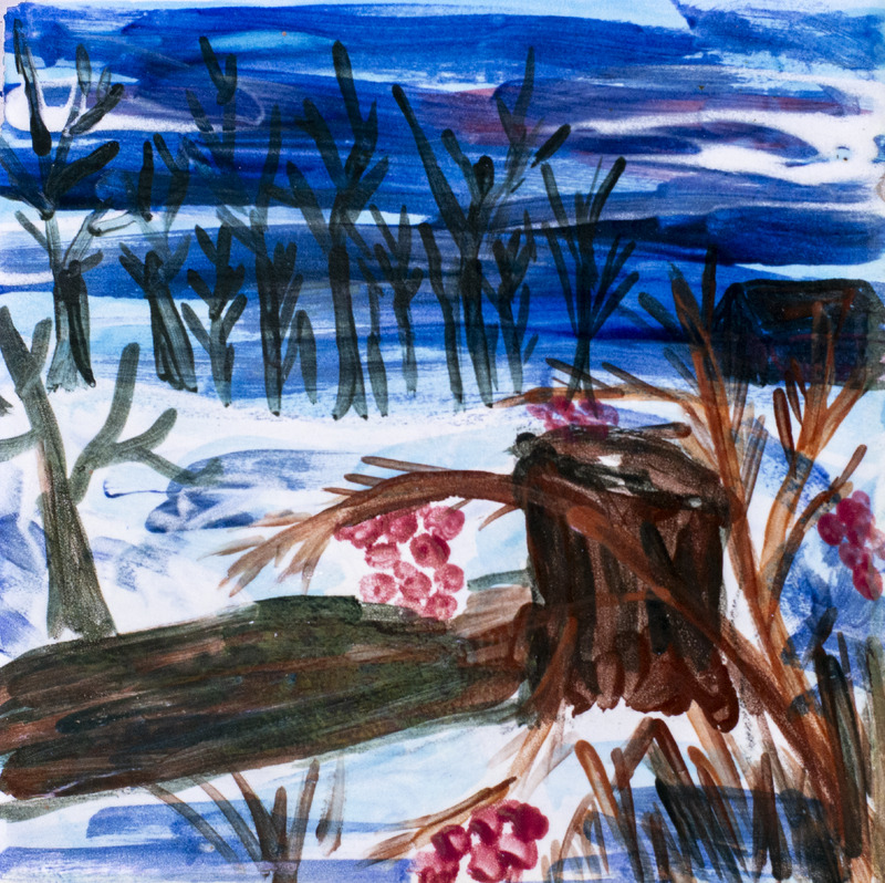 Painting of a river near bare trees and logs.