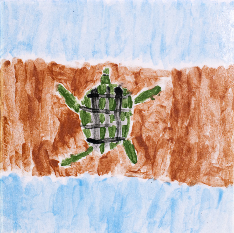 Painting of green turtle sitting on log against blue water.