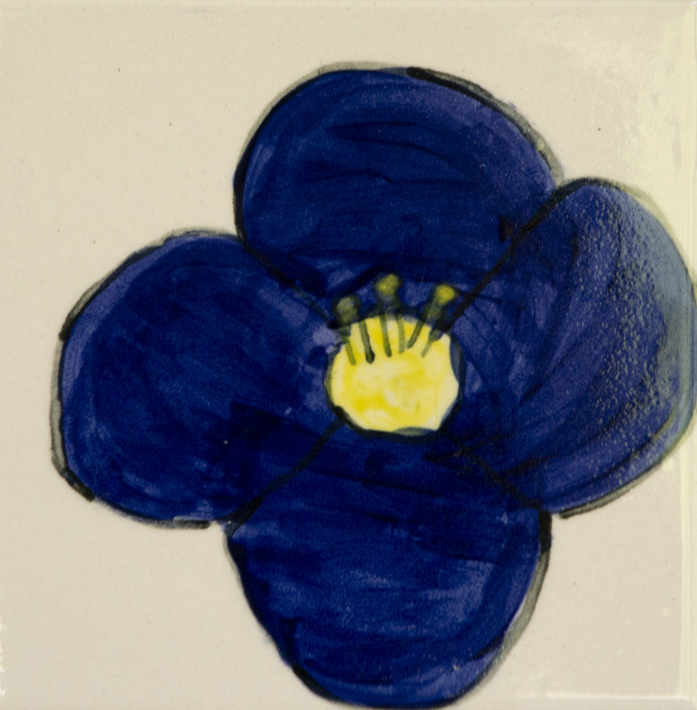 Painting of a blue flower with four rounded petals and a yellow center.