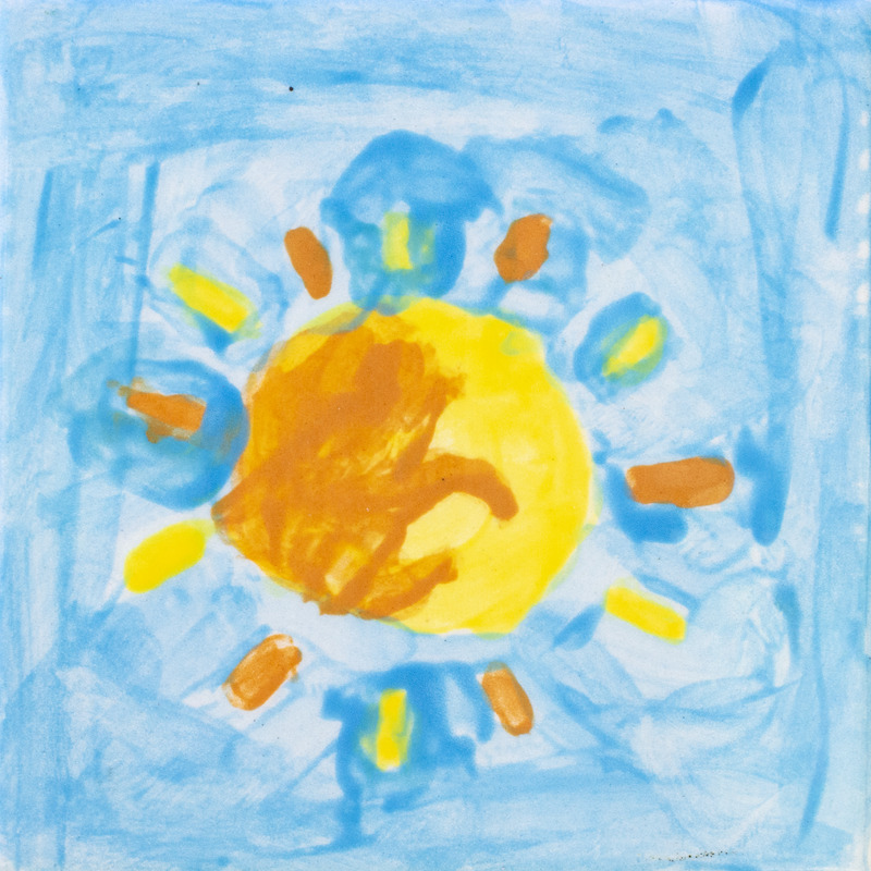 Painting of yellow and orange sun in blue sky.