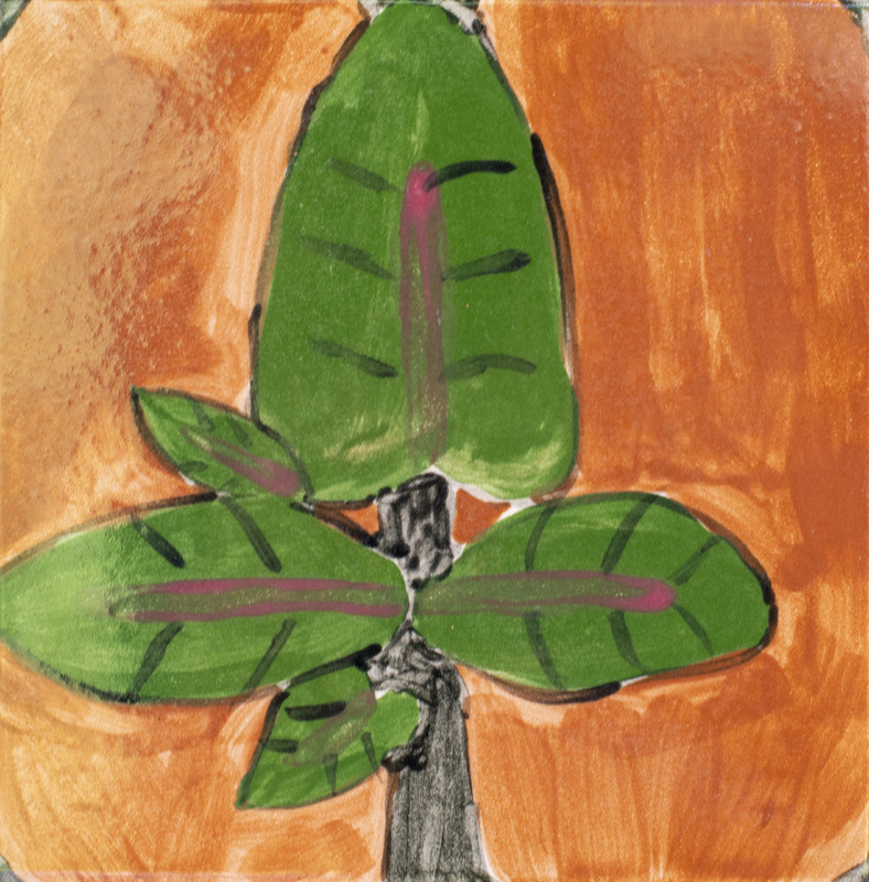 Painting of green leaves growing on a gray branch with an orange background.