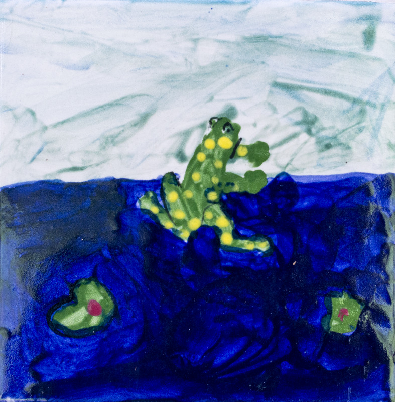 Painting of yellow-spotted frog jumping out of water.