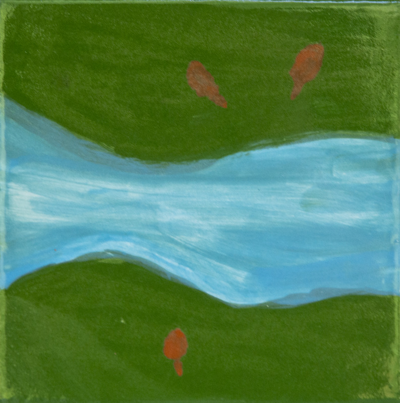 Painting of a blue river flowing horizontally between green land on both sides.