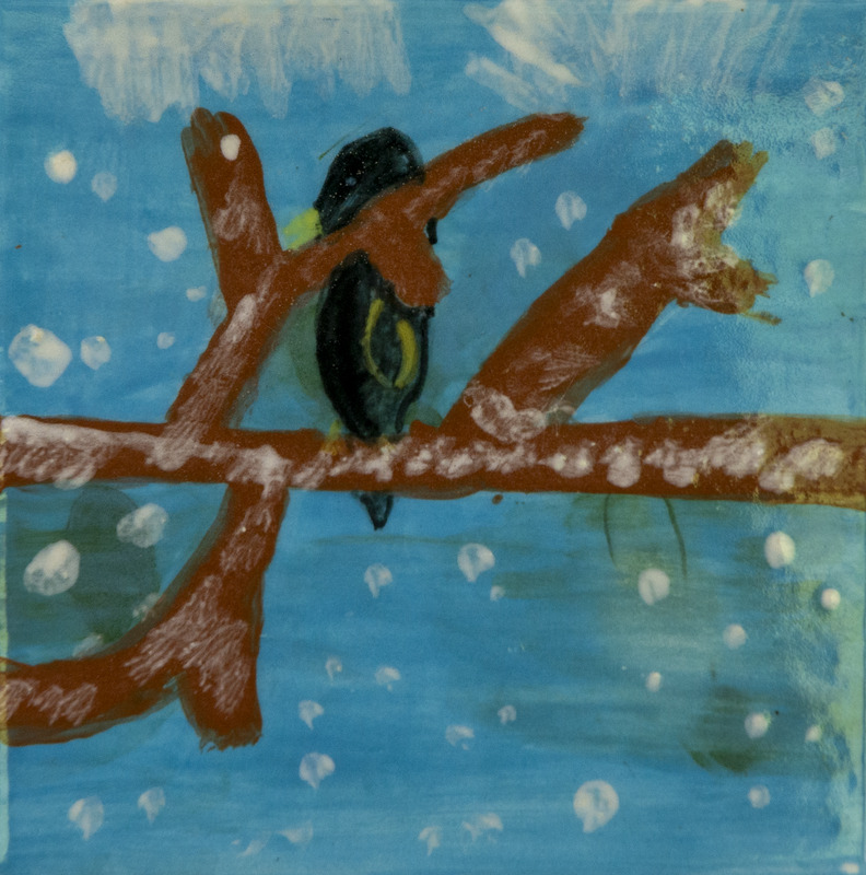 Painting of a dark bird perched on brown branches, with white snowflakes falling against a blue winter sky.