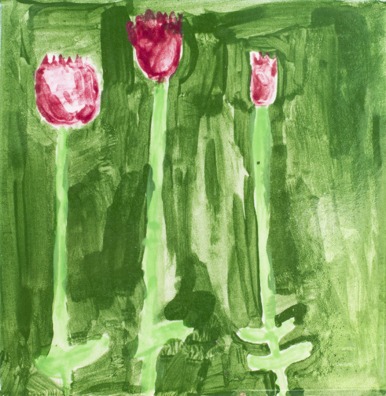 Painting of three pink tulip flowers against green background.
