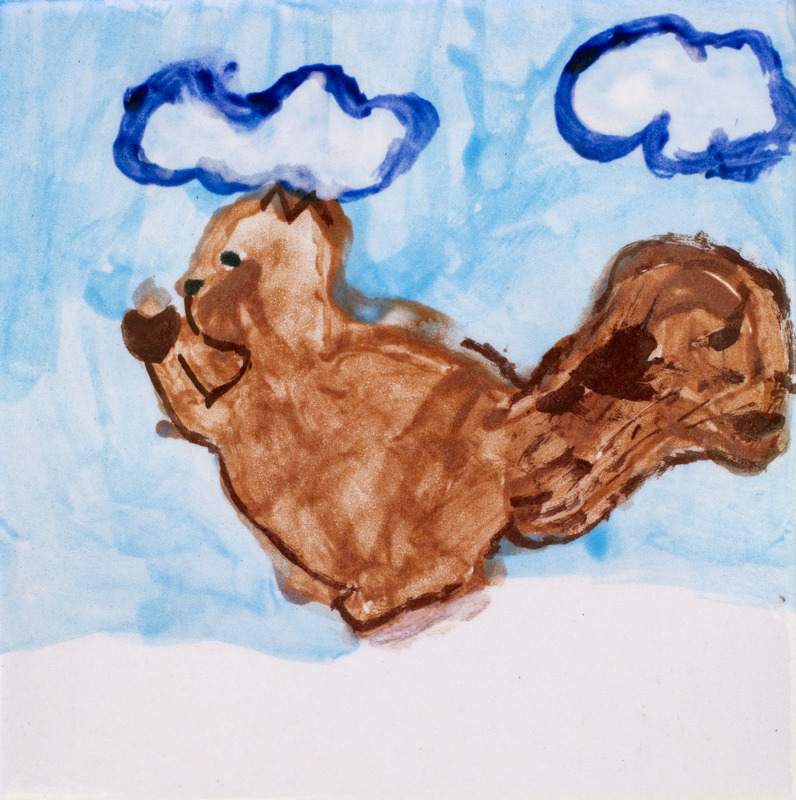 Painting of a brown squirrel holding acorn in snow with blue sky.