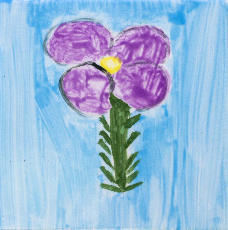 Painting of purple flower against blue background.