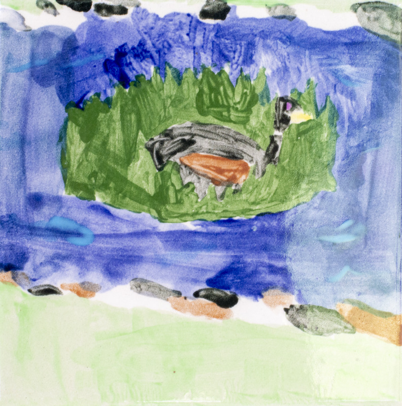 Painting of a nesting goose in green grass surrounded by water.