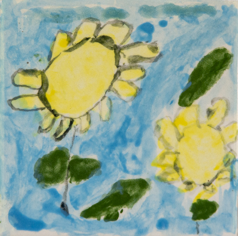 Painting of two yellow flowers with green leaves against a blue sky.