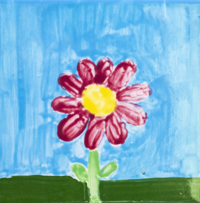 Painting of pink flower with ten petals growing in green grass against blue sky.