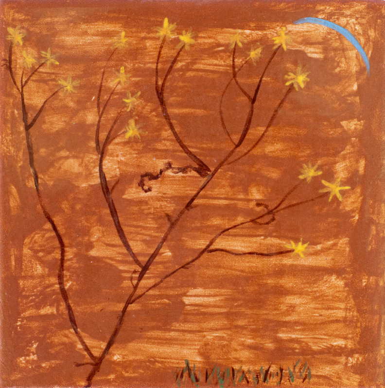 Painting of skinny branch with yellow flowers at tips against brown background.