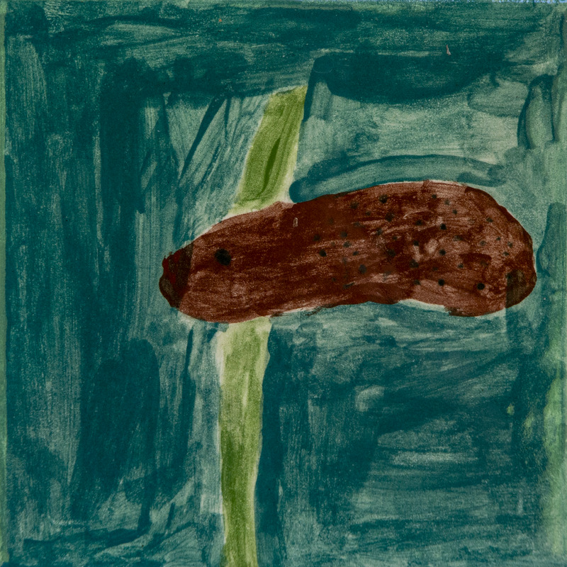 Painting of a brown muskrat floating in greenish-blue water.