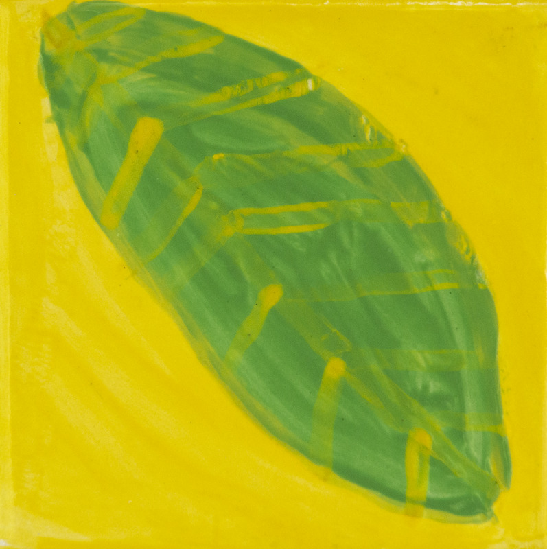 Painting of a large green leaf with yellow veins, set against a bright yellow background.