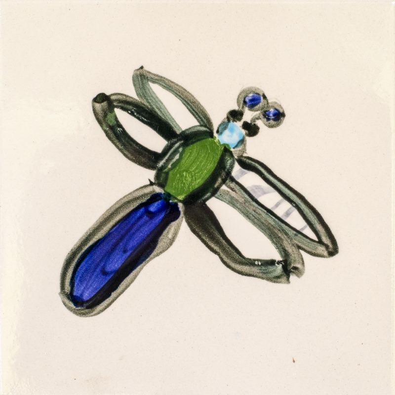 Painting of a green and blue dragonfly over a tan background.