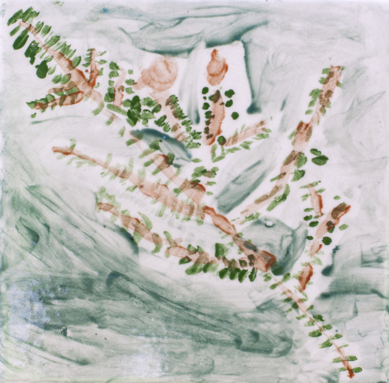 Painting of brown tree branches with small green leaves against a soft green and white background.