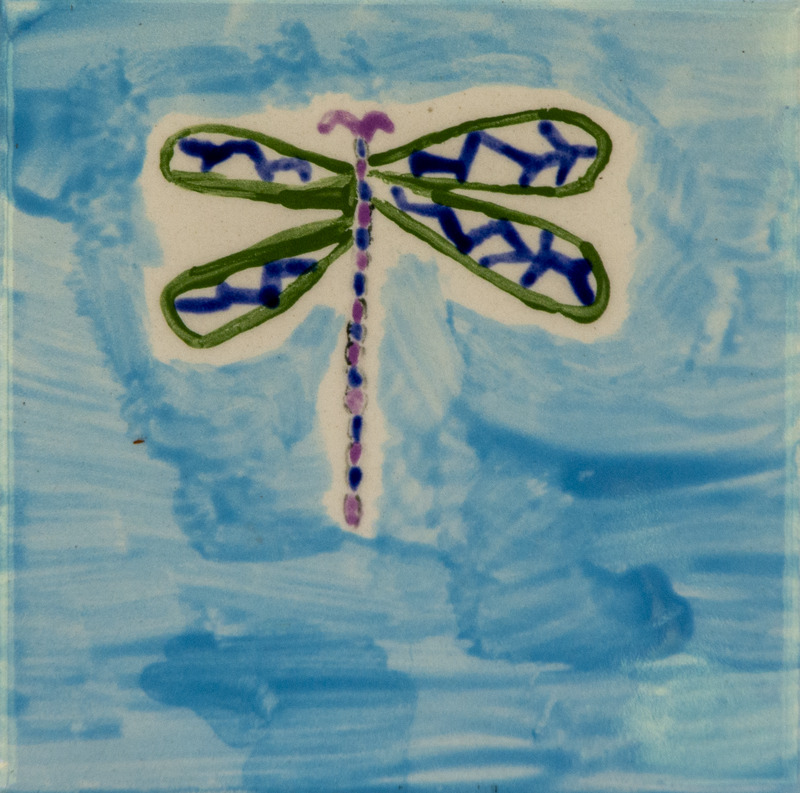 Painting of a damselfly with four long green-outlined wings filled with blue patterns, a slender purple-and-blue body, set against a blue background.