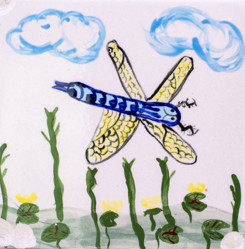 Painting of a blue dragonfly with yellow wings flying above pond plants and lily pads under two blue clouds.
