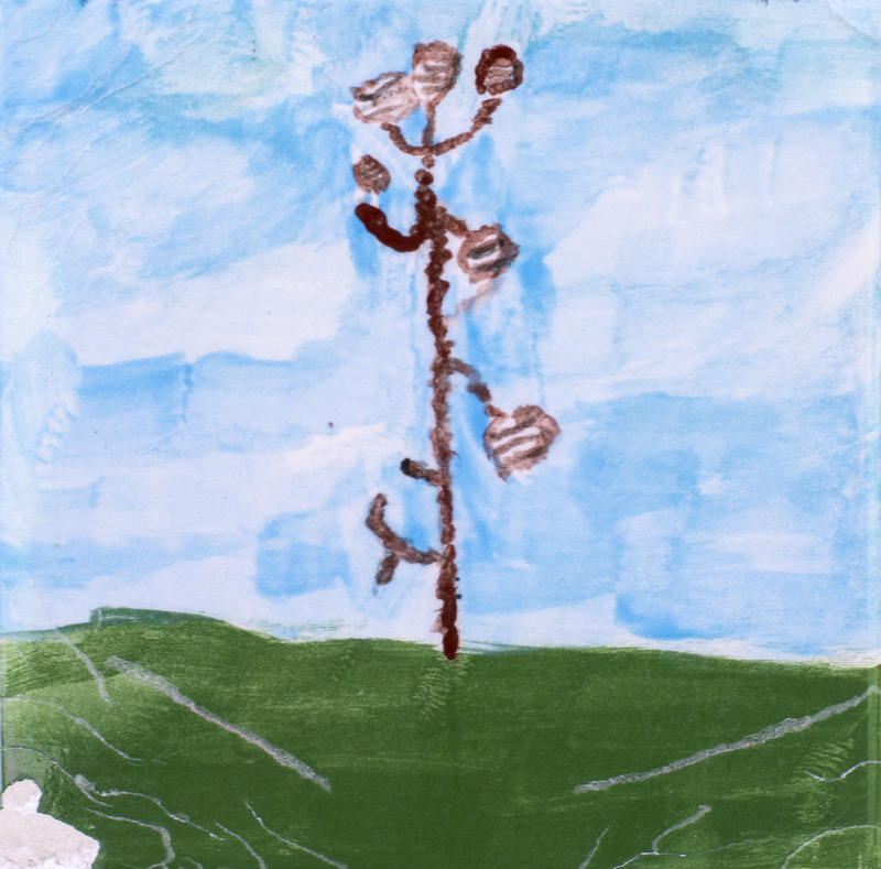 Painting of a tall brown plant with small buds or flowers on its branches, growing on green ground under a blue sky.