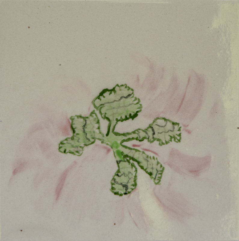 Painting green flower drawn with five leaf-like petals and a thin stem, centered on a pale background with soft pink shading around it.