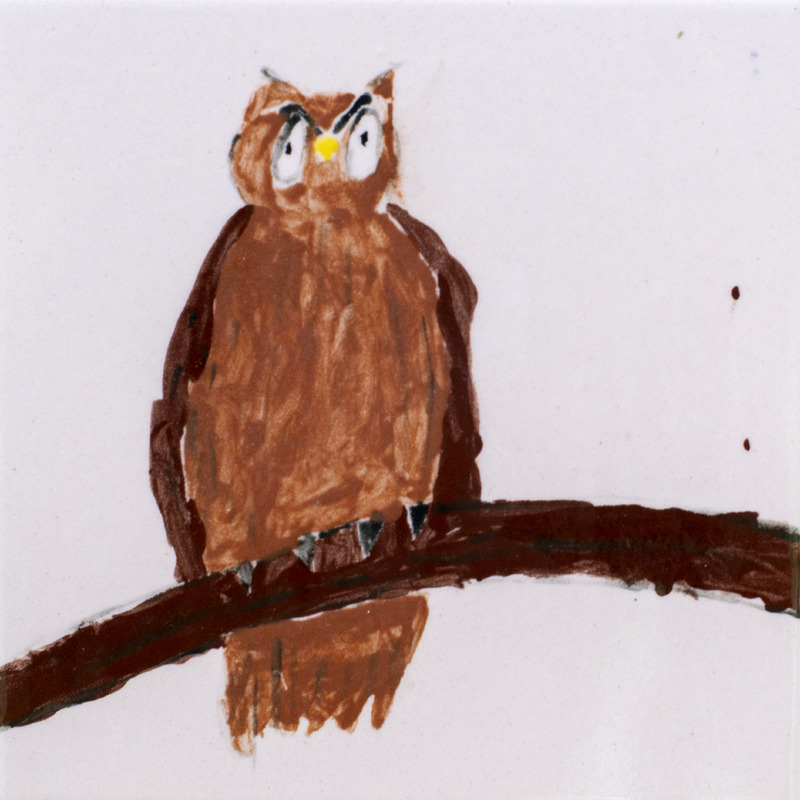 Painting of a brown owl with large eyes sitting on a tree branch.
