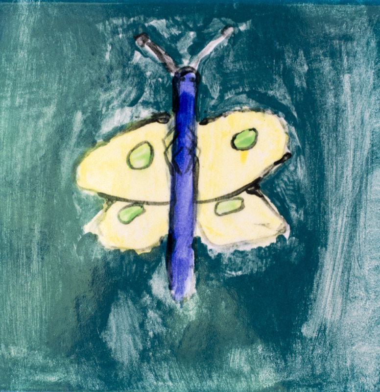 Painting of a butterfly with yellow wings and green spots, and a blue body, against a dark green background.