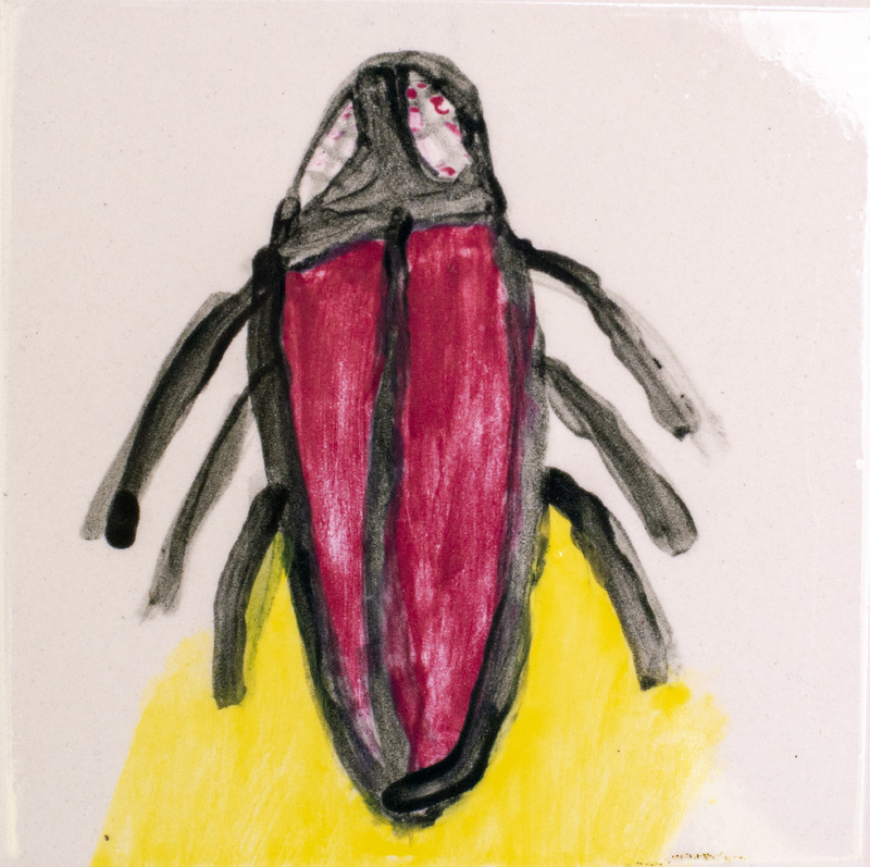 Painting of a red firefly with yellow light surrounding it in front of a light background.