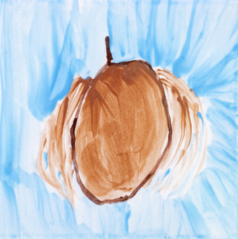 Painting of orange burr against blue background.