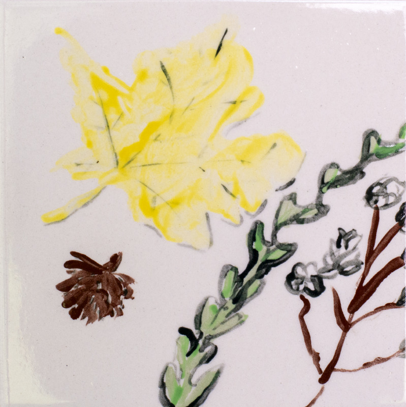 Painting of a yellow maple tree leaf, a pinecone, a green vine, and a brown branch and white buds.