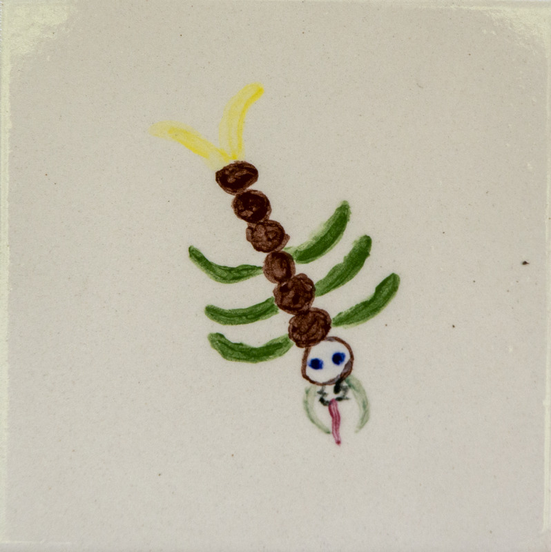 Painting of a predaceous diving beetle larva with a segmented brown body, green side appendages, blue eyes, and a red tongue.