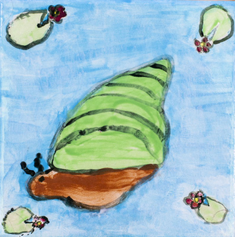 Painting of a brown snail with a green shell and four lily pads with pink flowers in each corner against a blue background.