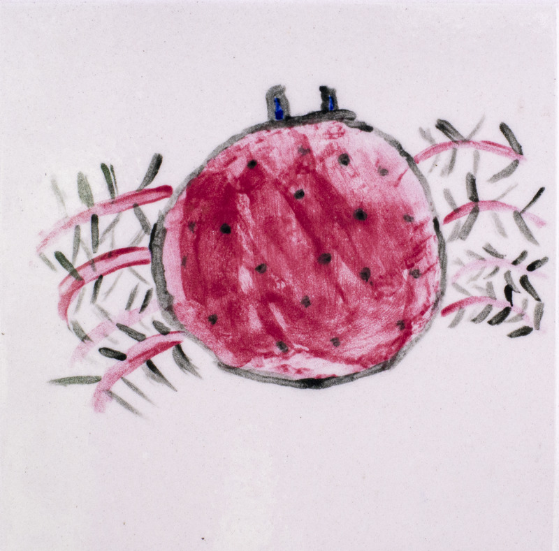 Painting of a red water mite.