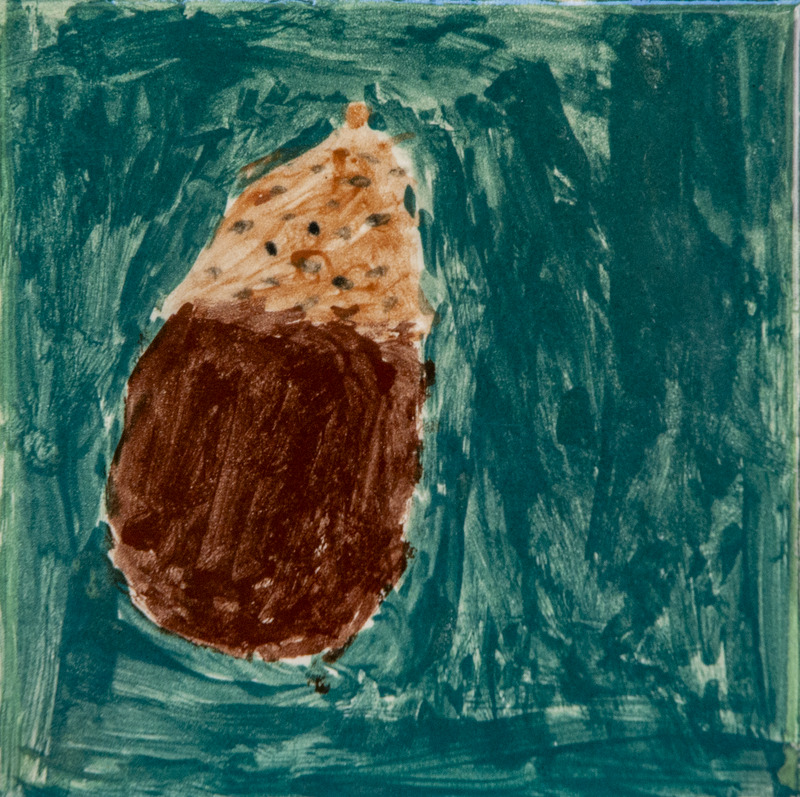 Painting of a brown acorn with a speckled cap against a dark blue background.