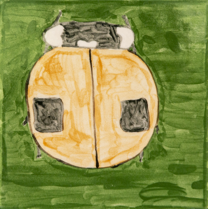 Painting of a round yellow bug with black spots and small legs on a green background.