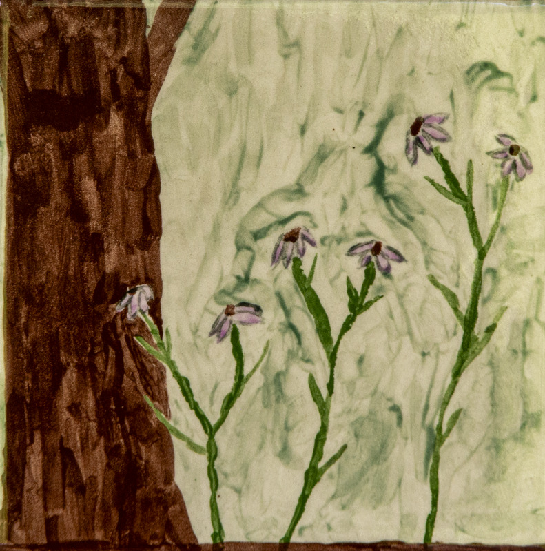 Painting of several small purple flowers with green stems growing beside a large brown tree trunk.