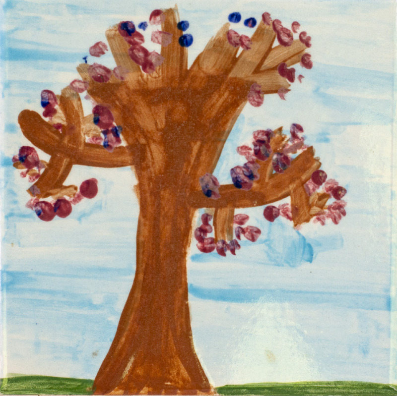 Painting of a large brown tree with pink and blue buds at the end of each branch.