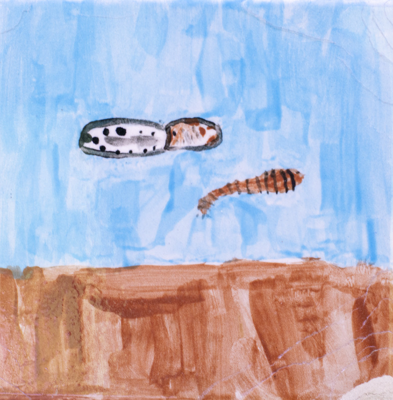 Painting of a tadpole and a water bug swimming above a brown pond bottom in blue water.