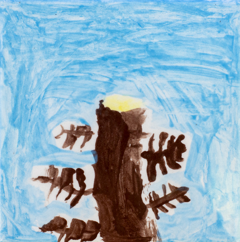 Painting of tree stump with blue background.