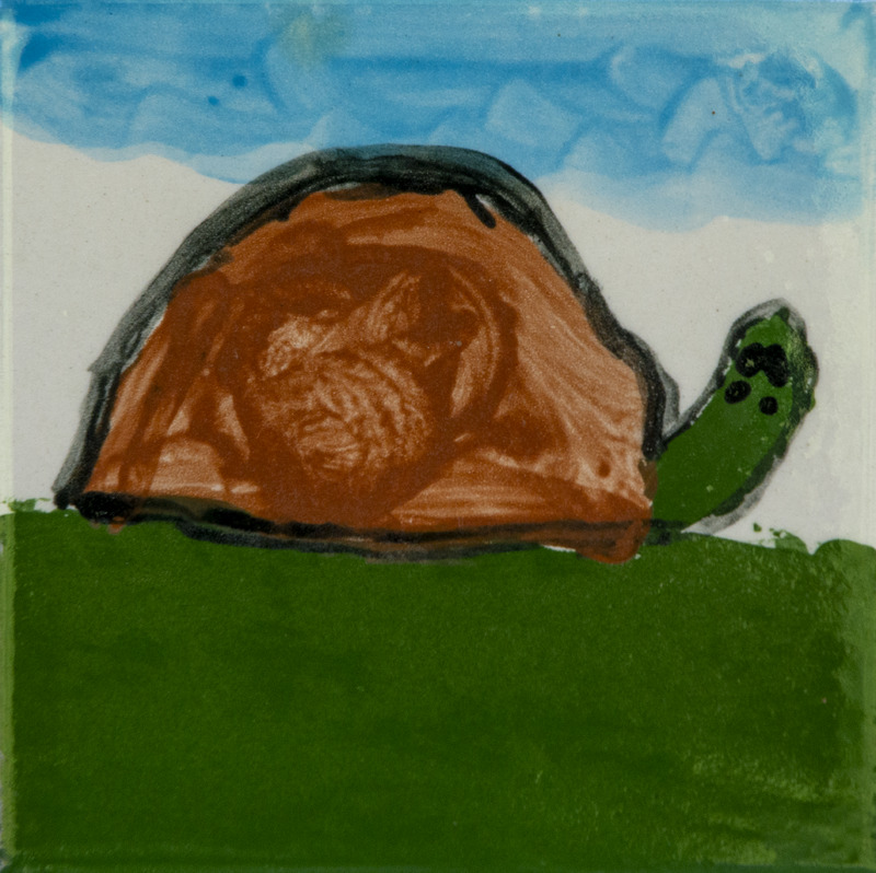 Painting of a turtle with a brown shell and green head on grass, under a blue sky with soft clouds.