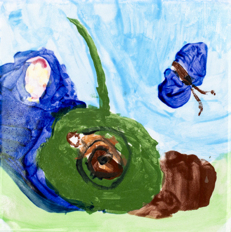 Painting of brown snail on green leaf and blue butterfly against blue background.