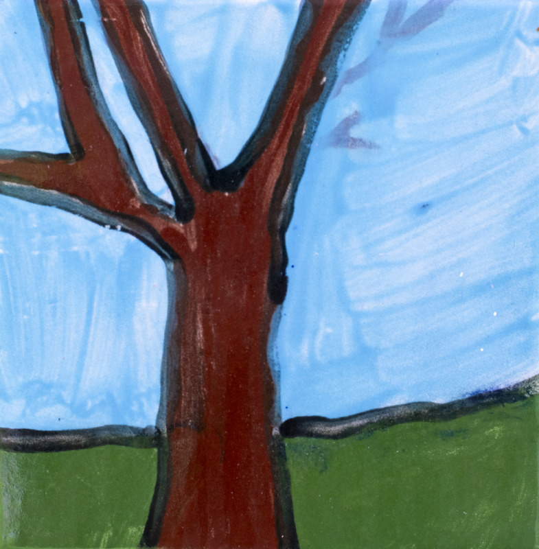 Painting of a brown tree with several bare branches standing on green ground under a blue sky.
