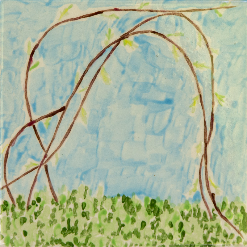 Painting of thin brown vines arching over green grass, with small green leaves against a light blue sky.