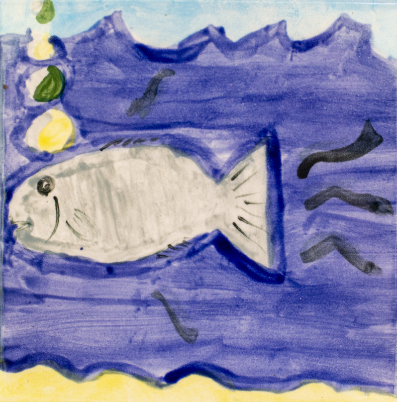 Painting of a grey fish swimming in dark blue water with green and yellow bubbles above it.