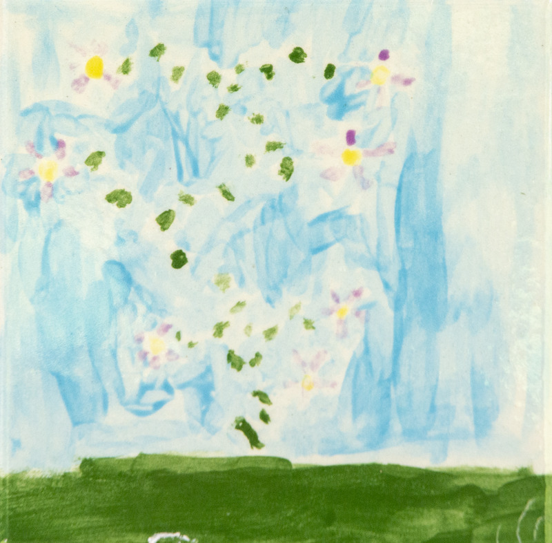 Painting of small pastel flowers on a green vine against a light blue sky above green grass.