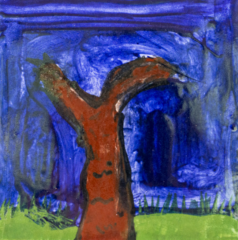 Painting of bare tree against dark blue background.